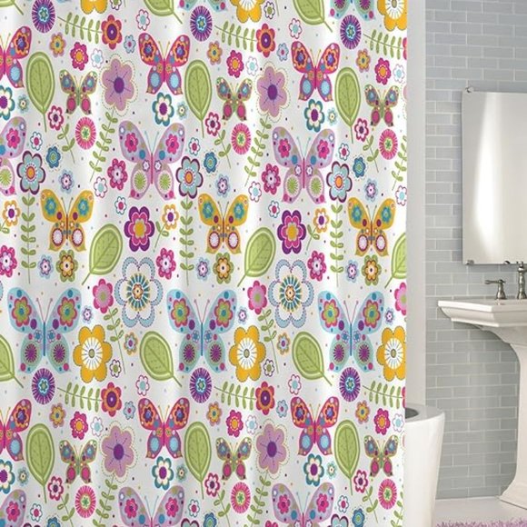 Bambini by Kassatex Butterflies Flowers Cotton Shower Curtain & 12pcs Hooks Set - Picture 2 of 8